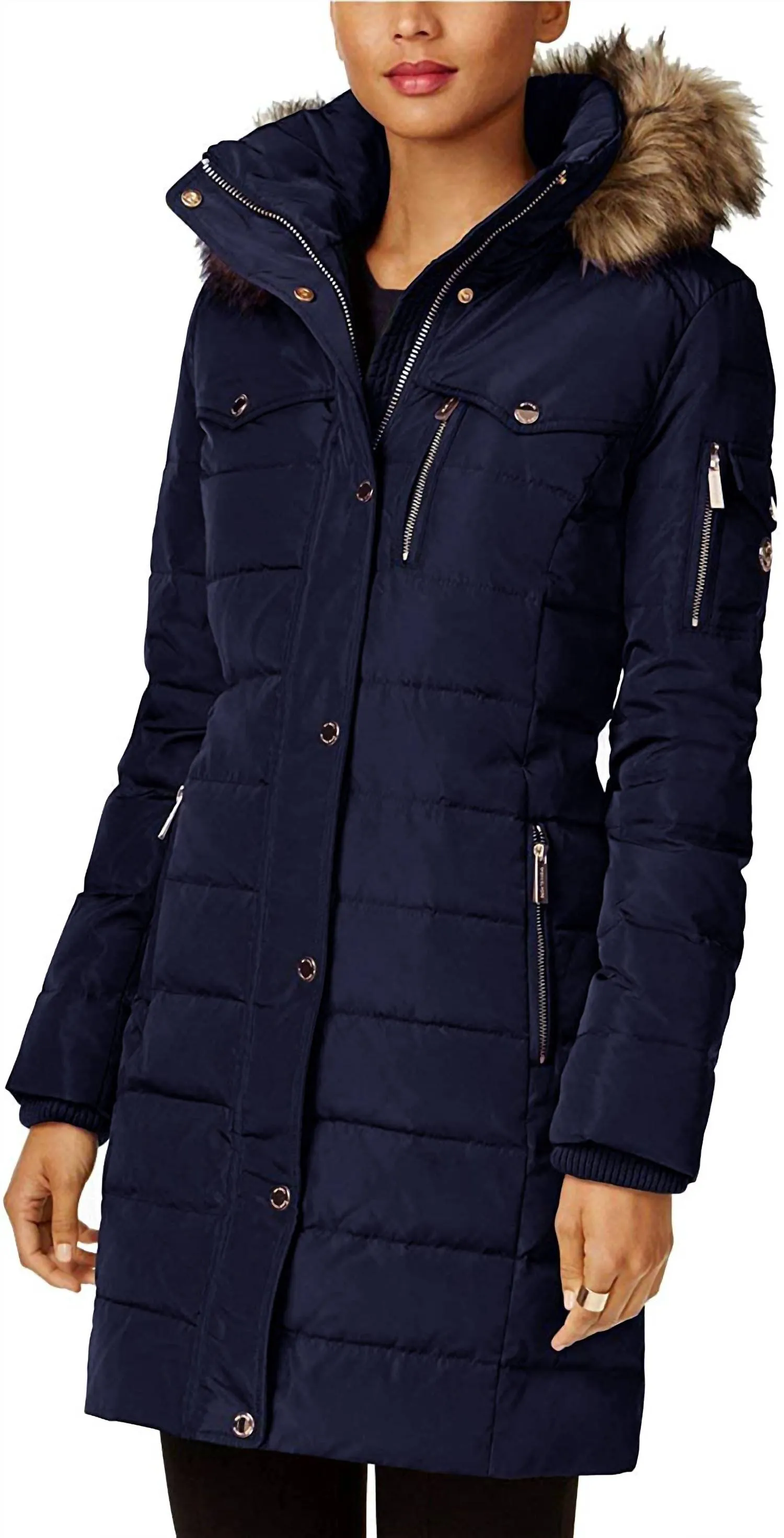 3/4 Down Coat with Faux Fur Hood