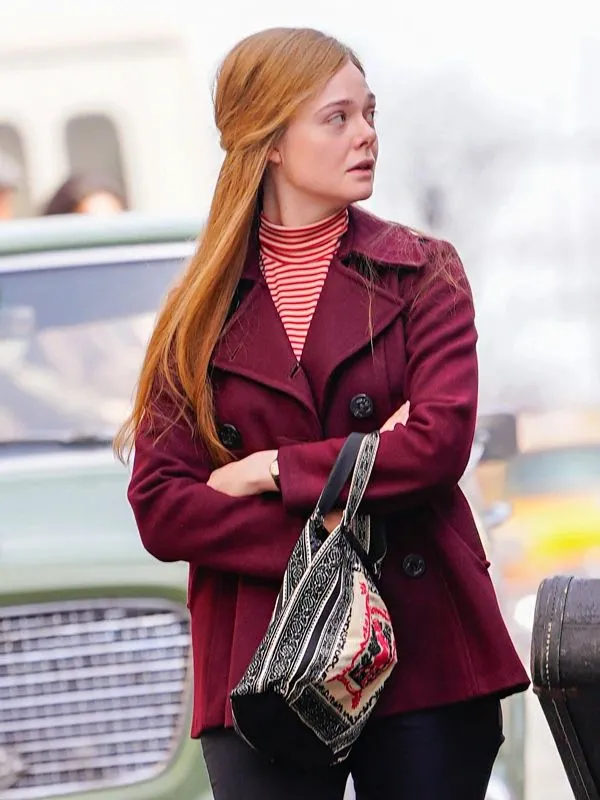 A Complete Unknown Elle Fanning Maroon Pea Coat