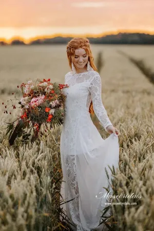 A-line Scoop Neck Backless Long Sleeves Lace Wedding Dresses, MW989