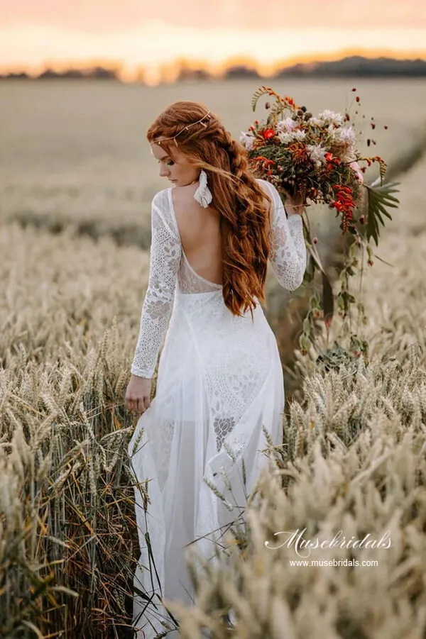 A-line Scoop Neck Backless Long Sleeves Lace Wedding Dresses, MW989