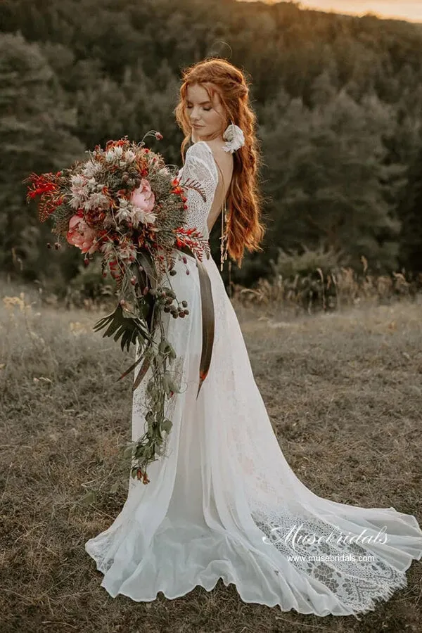 A-line Scoop Neck Backless Long Sleeves Lace Wedding Dresses, MW989