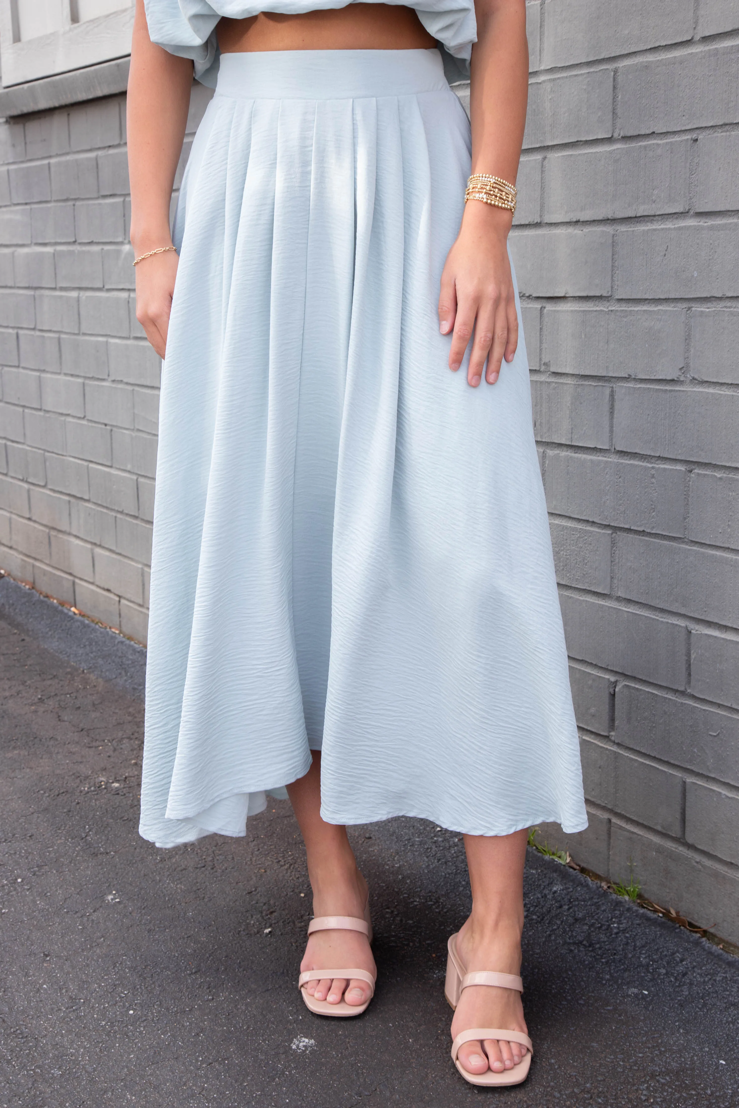 Abigail Box Pleated Midi Skirt, Light Blue