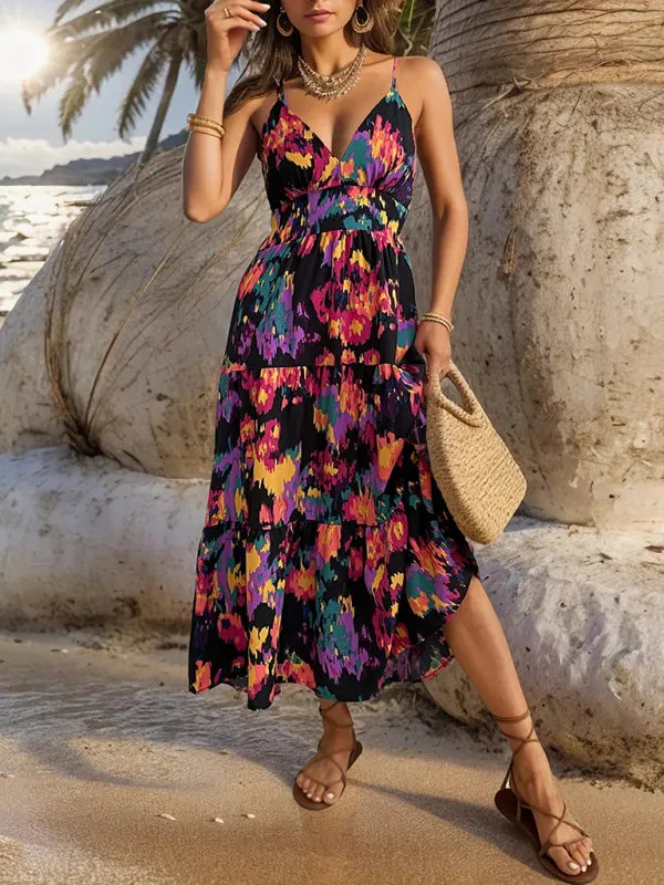 Abstract Print Maxi Dress with Spaghetti Straps and V-Neck
