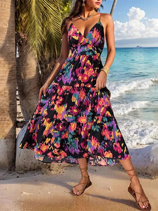 Abstract Print Maxi Dress with Spaghetti Straps and V-Neck