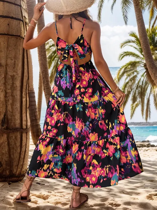Abstract Print Maxi Dress with Spaghetti Straps and V-Neck