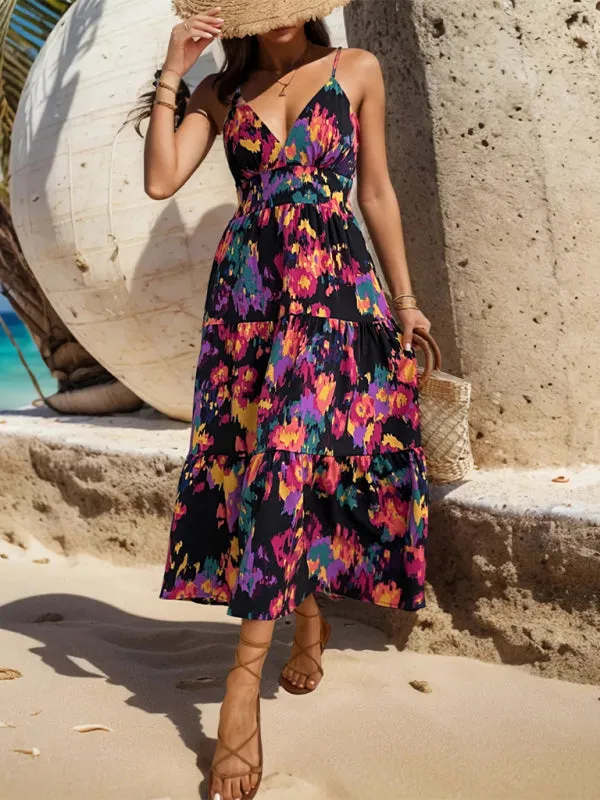 Abstract Print Maxi Dress with Spaghetti Straps and V-Neck