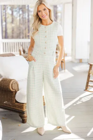 All Eyes On You Sage Green Plaid Jumpsuit