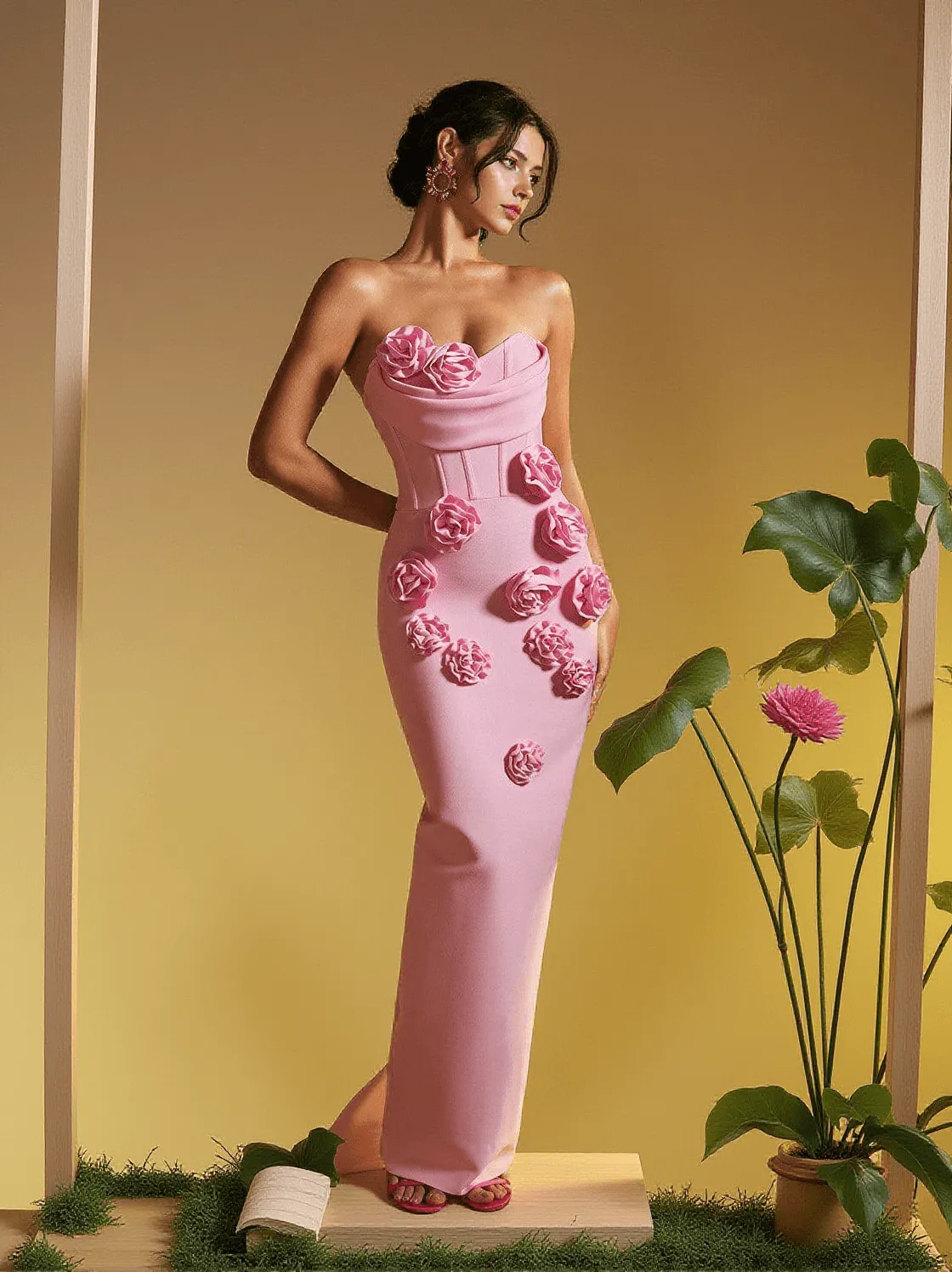 Arushi Strapless Flower Bandage Dress In Pink