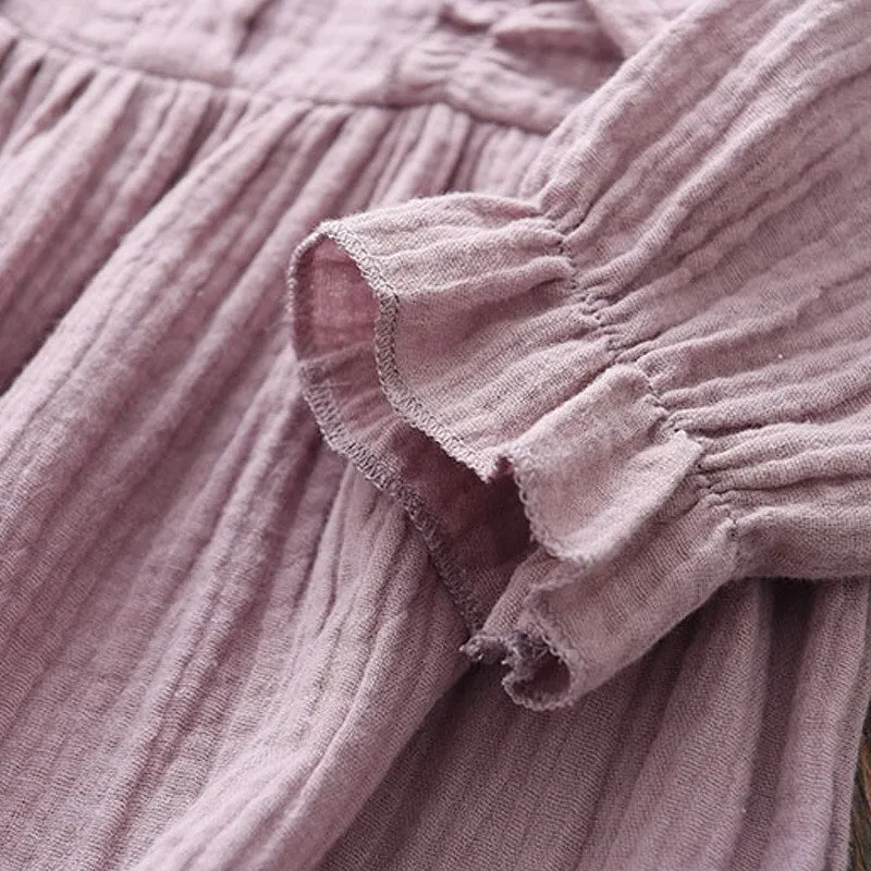 Baby Girls Summer Ruffles Long Sleeve Solid Cotton Linen Dress - Purple, White, Yellow