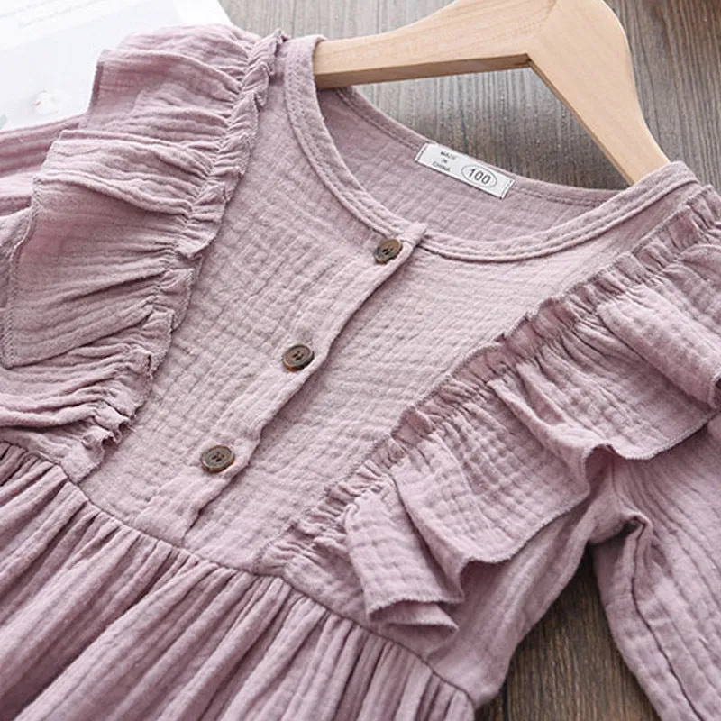 Baby Girls Summer Ruffles Long Sleeve Solid Cotton Linen Dress - Purple, White, Yellow