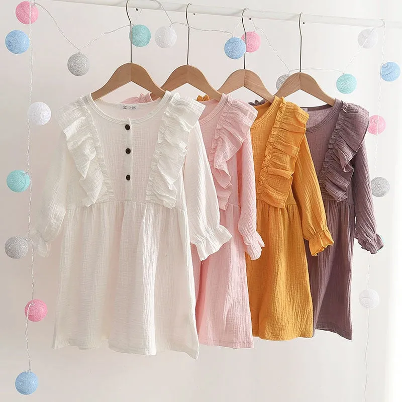 Baby Girls Summer Ruffles Long Sleeve Solid Cotton Linen Dress - Purple, White, Yellow