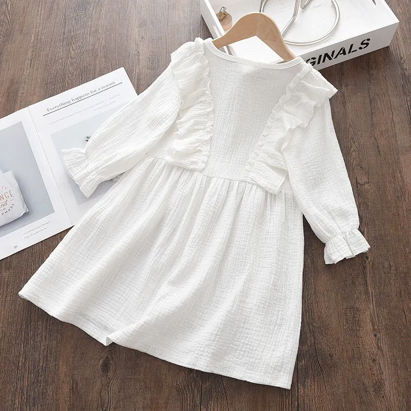 Baby Girls Summer Ruffles Long Sleeve Solid Cotton Linen Dress - Purple, White, Yellow