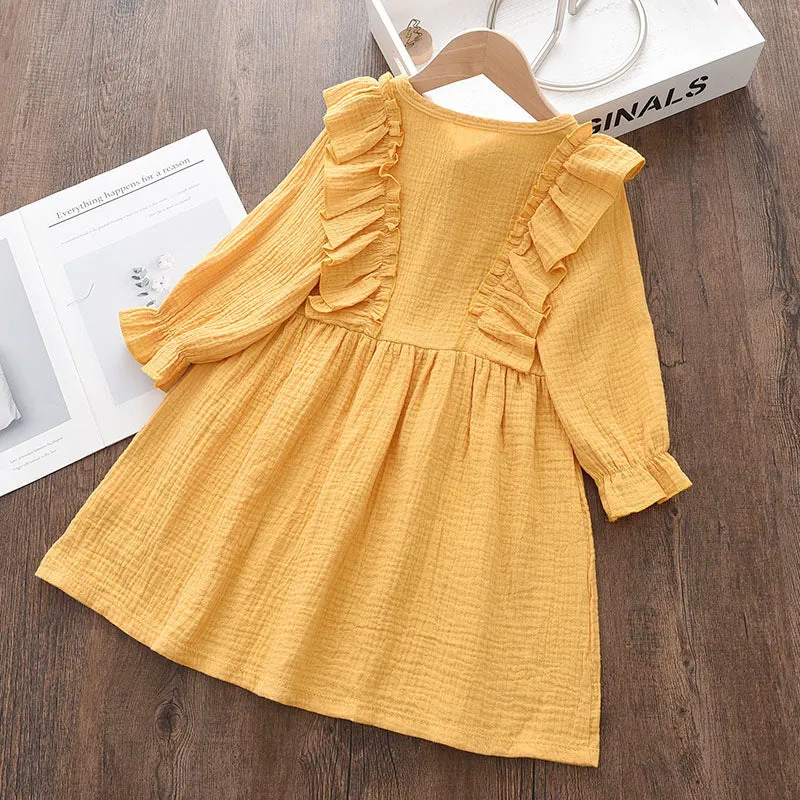 Baby Girls Summer Ruffles Long Sleeve Solid Cotton Linen Dress - Purple, White, Yellow