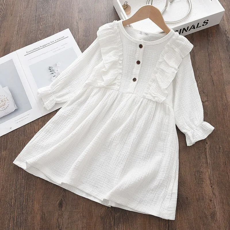 Baby Girls Summer Ruffles Long Sleeve Solid Cotton Linen Dress - Purple, White, Yellow