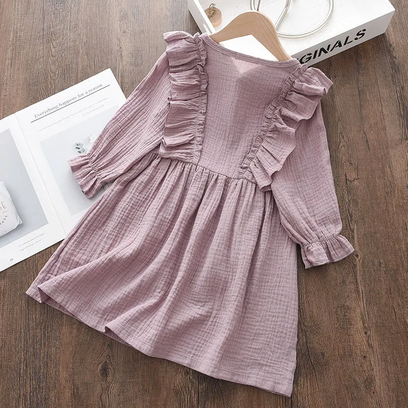 Baby Girls Summer Ruffles Long Sleeve Solid Cotton Linen Dress - Purple, White, Yellow