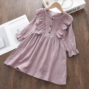Baby Girls Summer Ruffles Long Sleeve Solid Cotton Linen Dress - Purple, White, Yellow