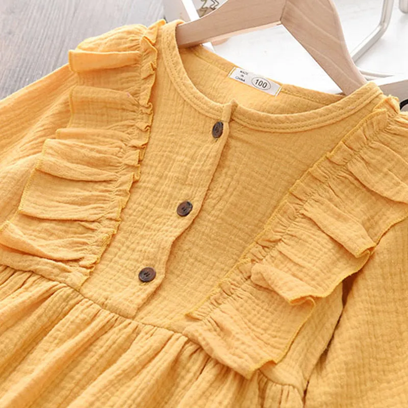 Baby Girls Summer Ruffles Long Sleeve Solid Cotton Linen Dress - Purple, White, Yellow