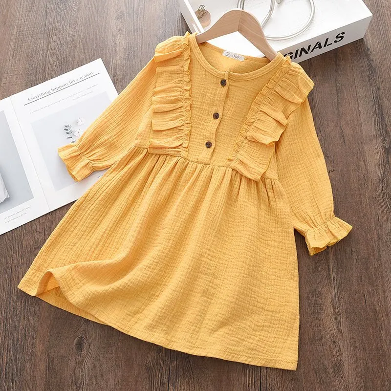 Baby Girls Summer Ruffles Long Sleeve Solid Cotton Linen Dress - Purple, White, Yellow