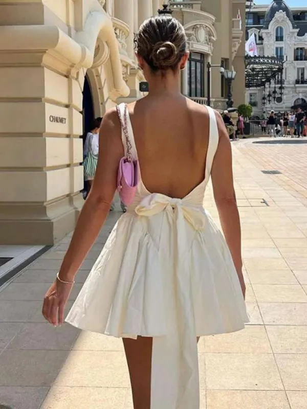 Backless Strappy Bow Evening Dress with Square Neckline