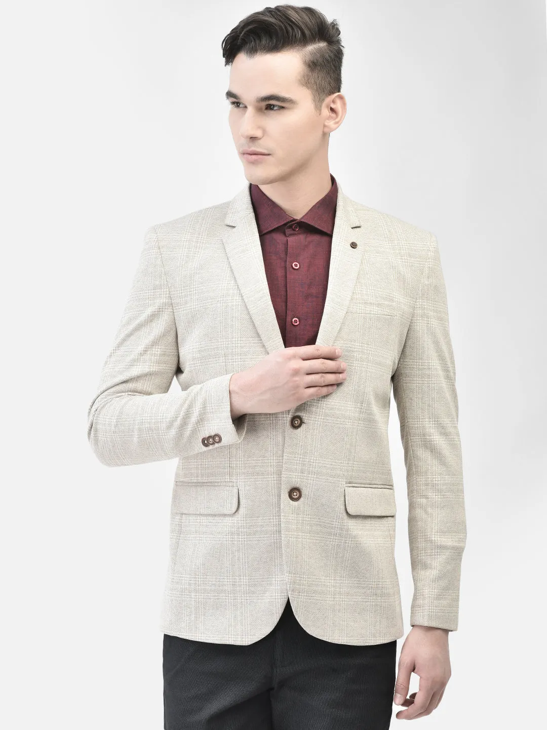 Beige Checked Single Breasted Blazer