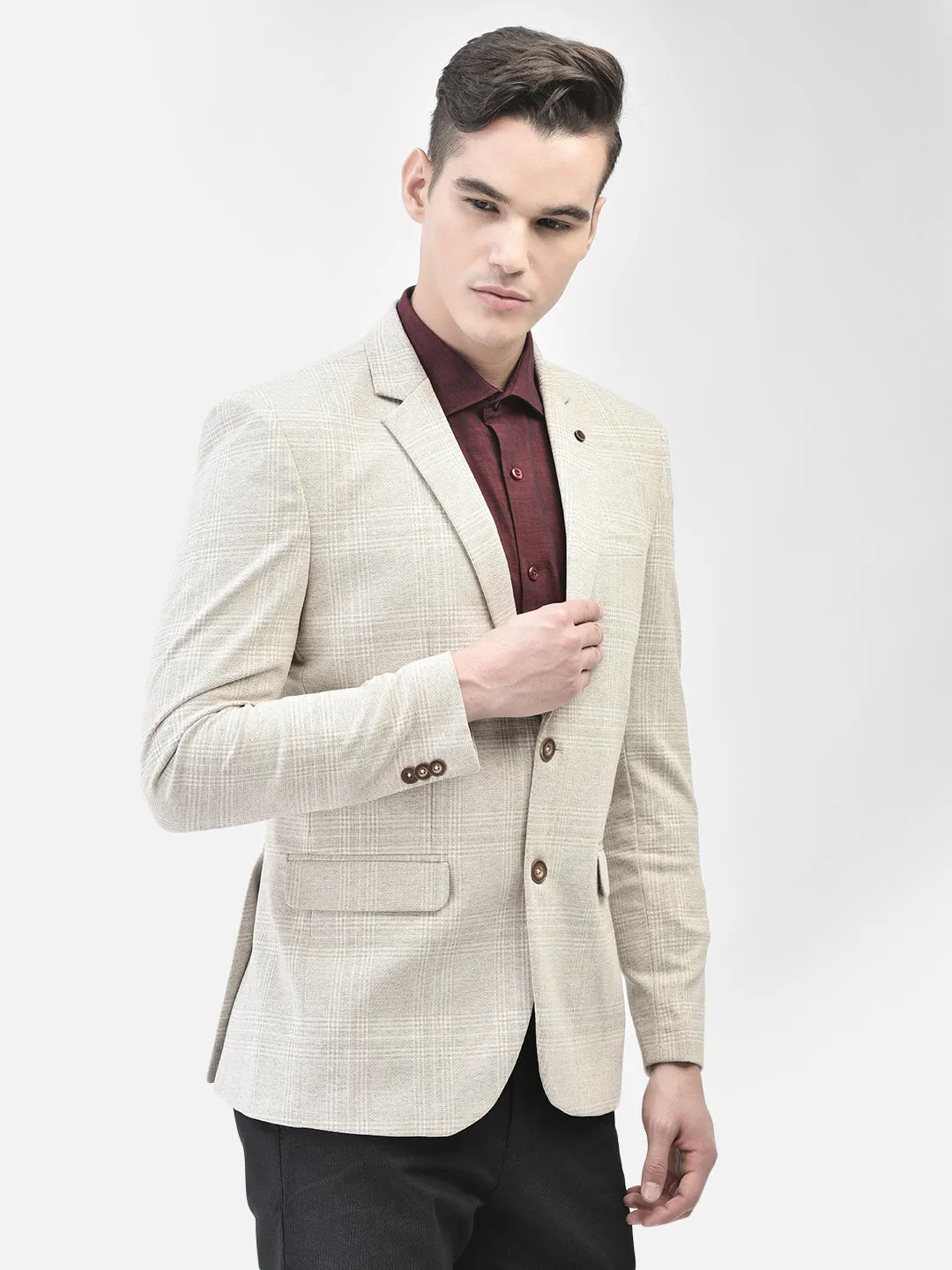 Beige Checked Single Breasted Blazer
