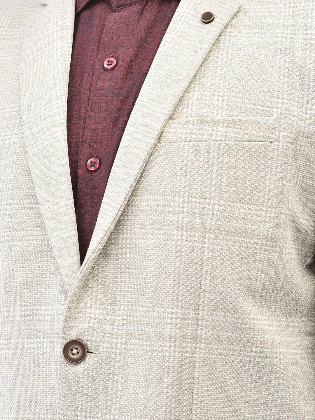 Beige Checked Single Breasted Blazer