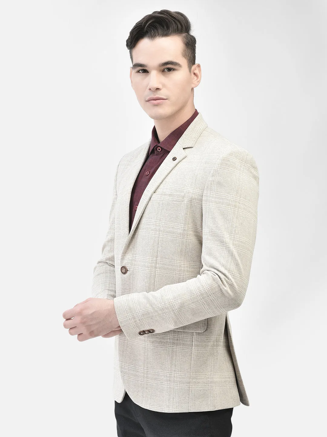 Beige Checked Single Breasted Blazer