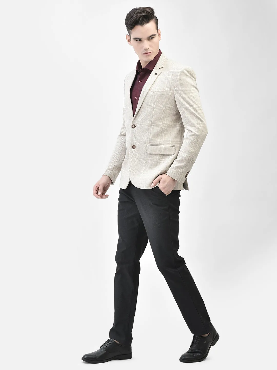Beige Checked Single Breasted Blazer