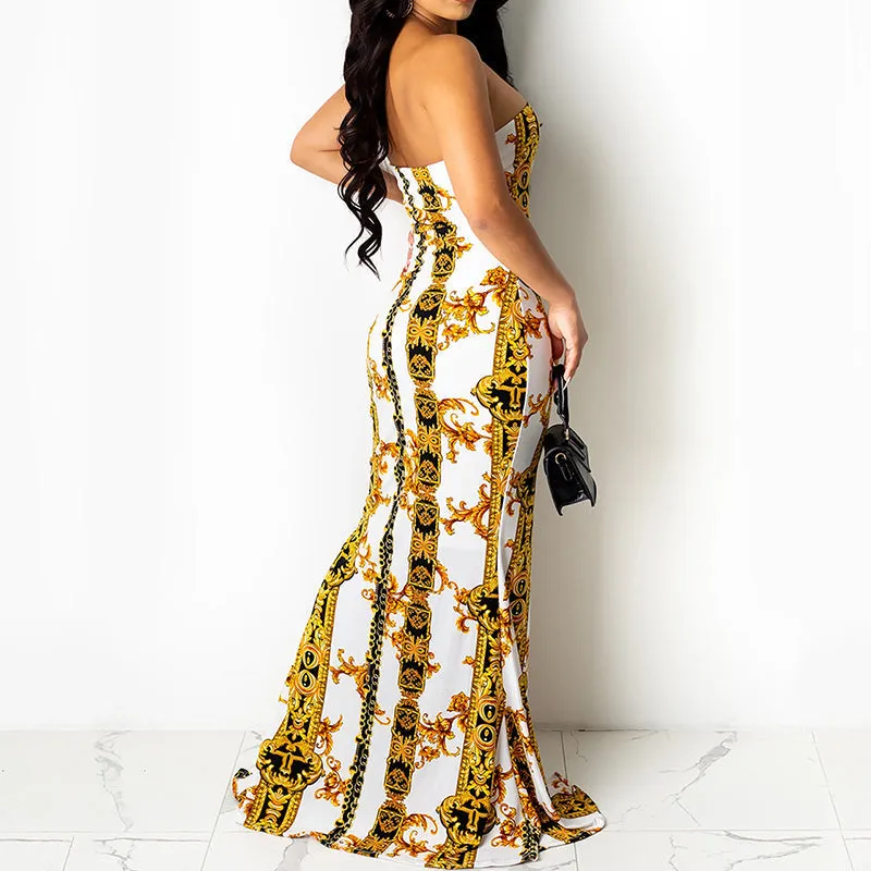 BerryBetty - Chic Multi Print Sexy Strapless Bandage Neck Slit Maxi Dress