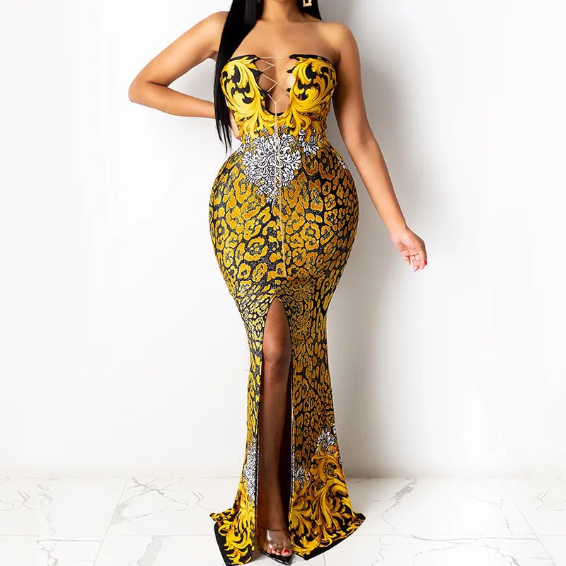 BerryBetty - Chic Multi Print Sexy Strapless Bandage Neck Slit Maxi Dress