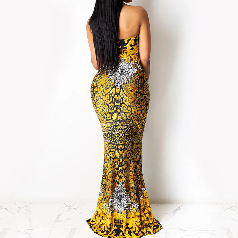 BerryBetty - Chic Multi Print Sexy Strapless Bandage Neck Slit Maxi Dress