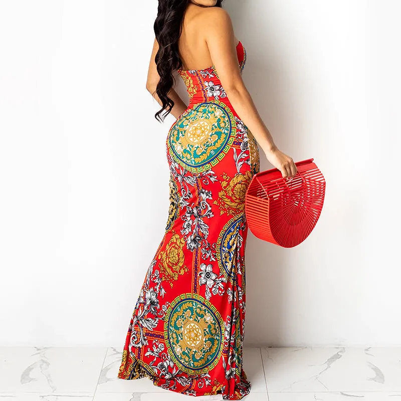 BerryBetty - Chic Multi Print Sexy Strapless Bandage Neck Slit Maxi Dress