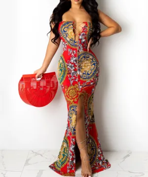 BerryBetty - Chic Multi Print Sexy Strapless Bandage Neck Slit Maxi Dress