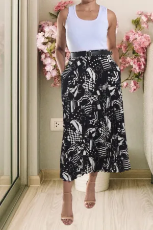 Black /Cream Pleated Belt Skirt