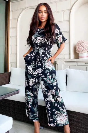 Black Floral Crew Neck Culotte Jumpsuit