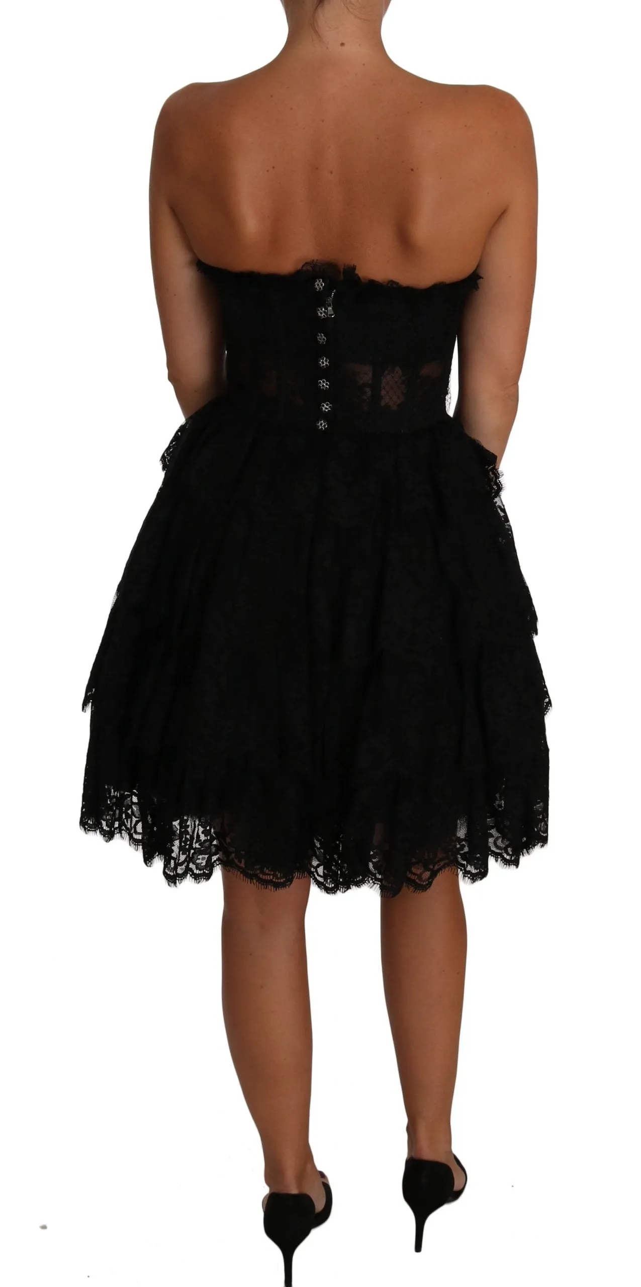 Black Floral Lace Ball Mini Ruffle Dress