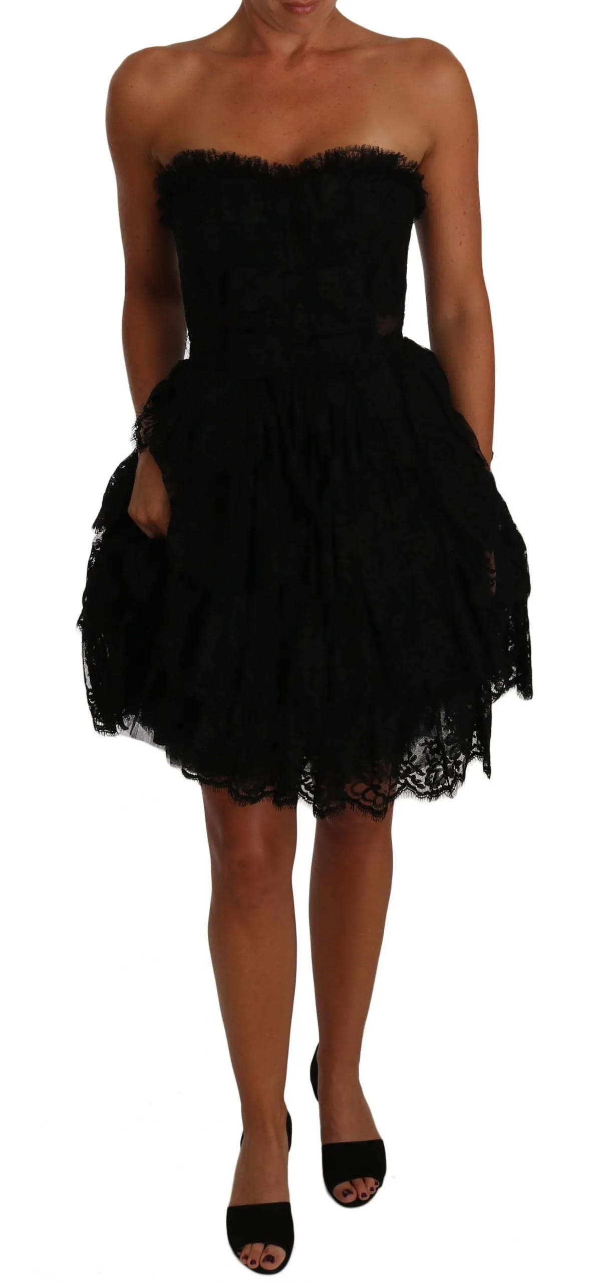 Black Floral Lace Ball Mini Ruffle Dress