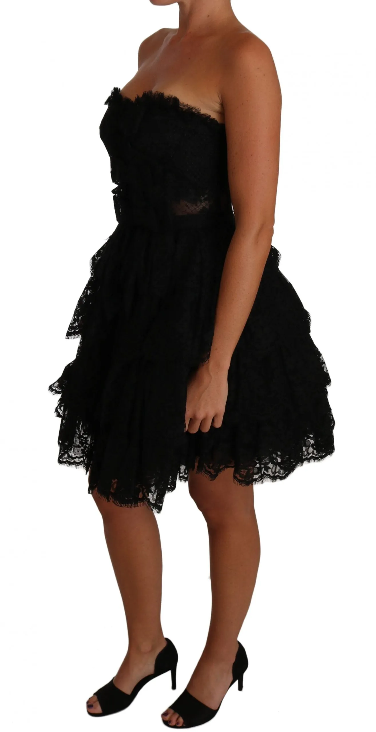Black Floral Lace Ball Mini Ruffle Dress