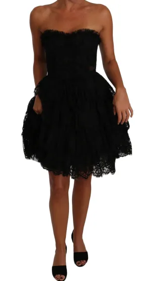 Black Floral Lace Ball Mini Ruffle Dress