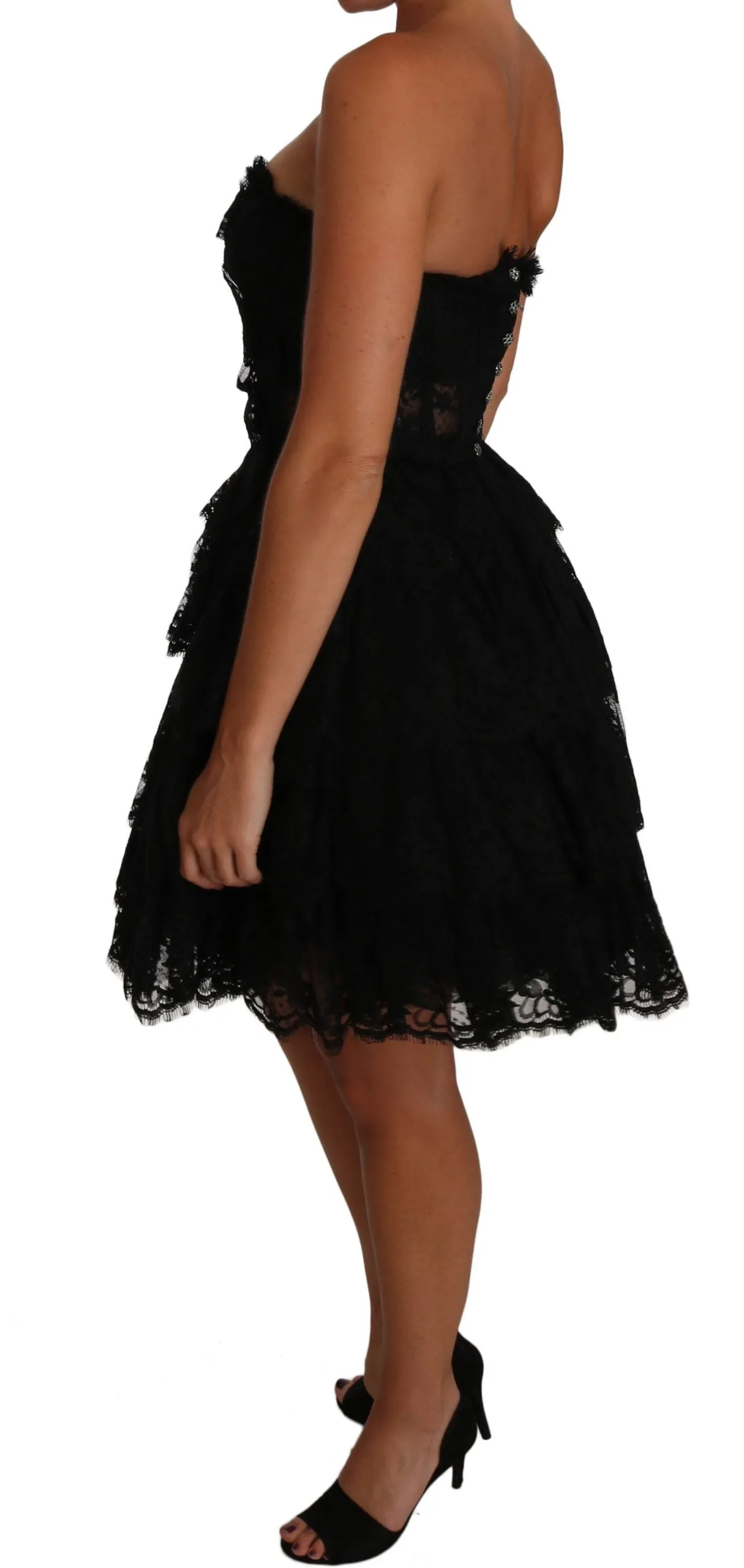 Black Floral Lace Ball Mini Ruffle Dress