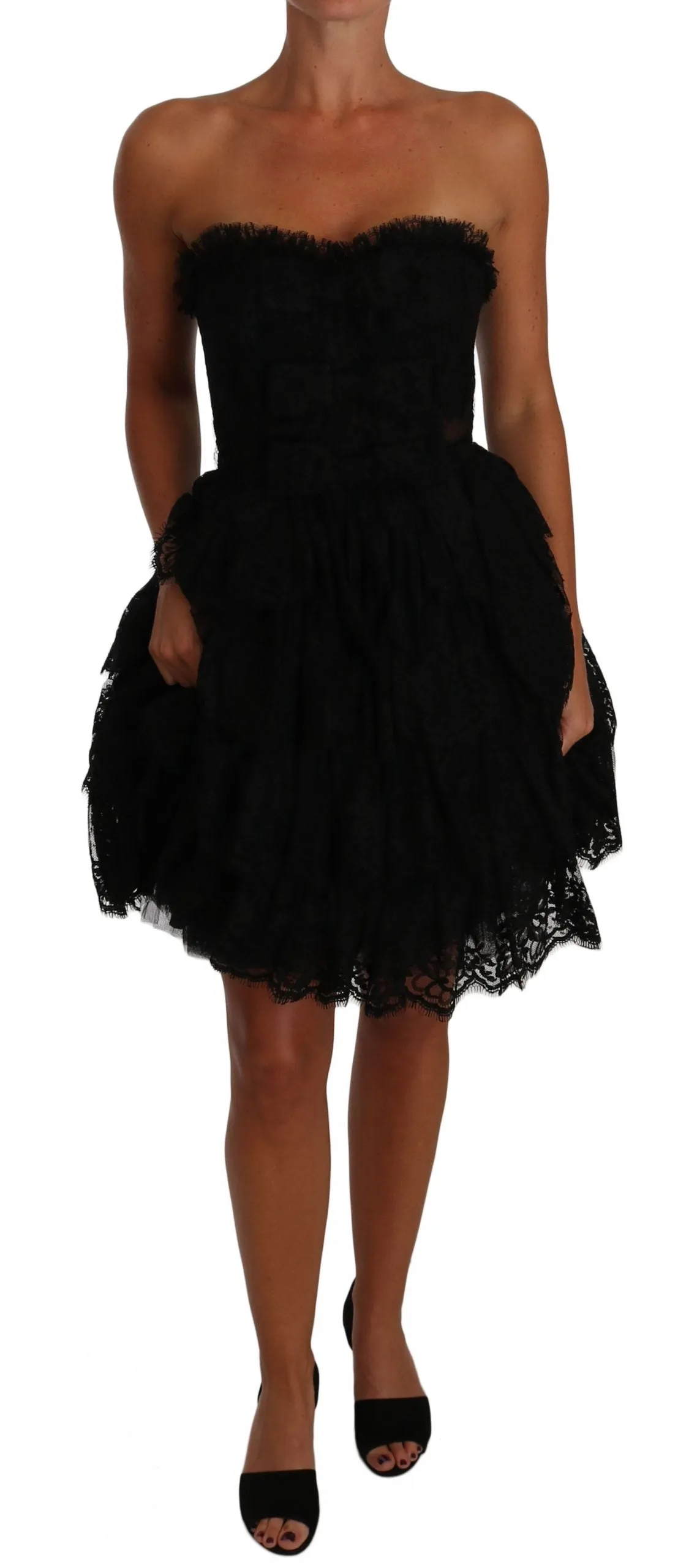 Black Floral Lace Ball Mini Ruffle Dress