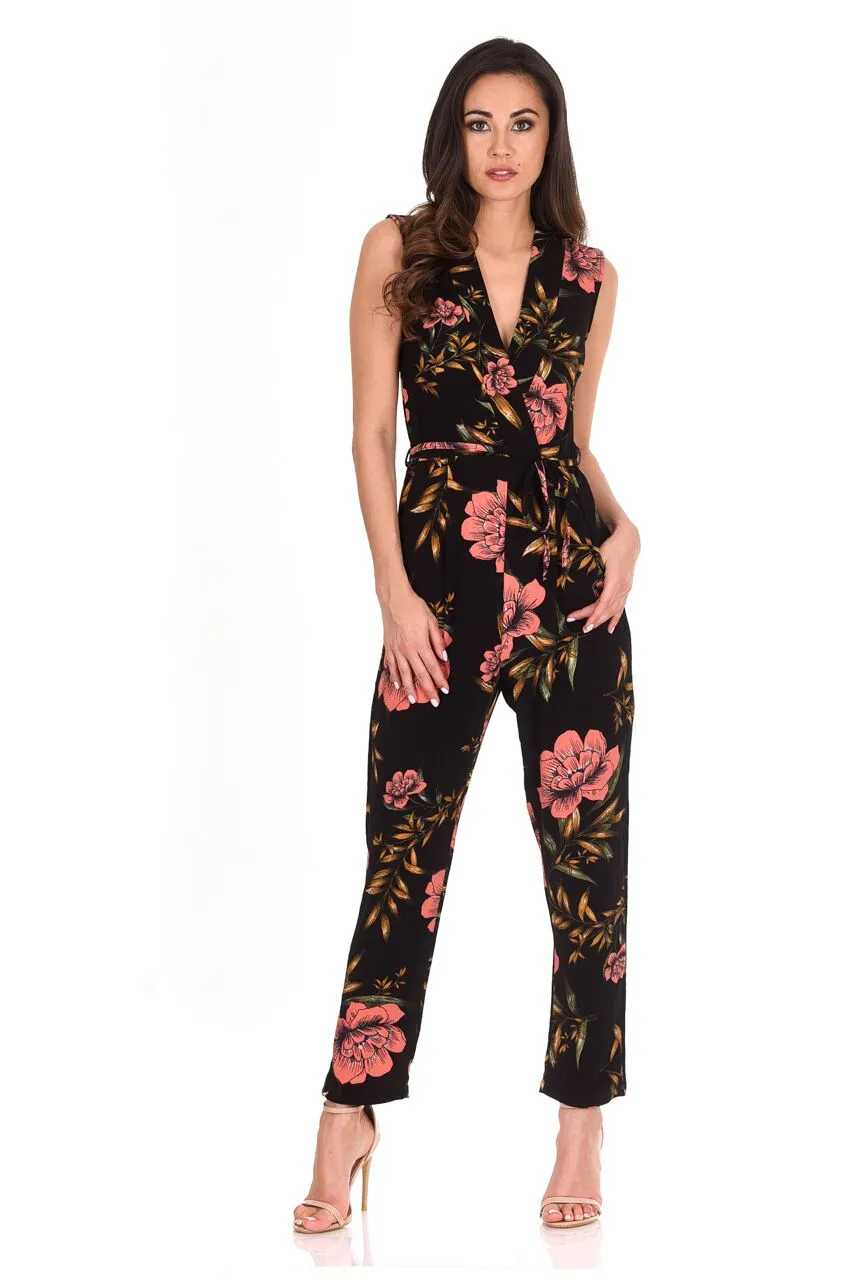 Black V-Neck Floral Print Jumpsuit