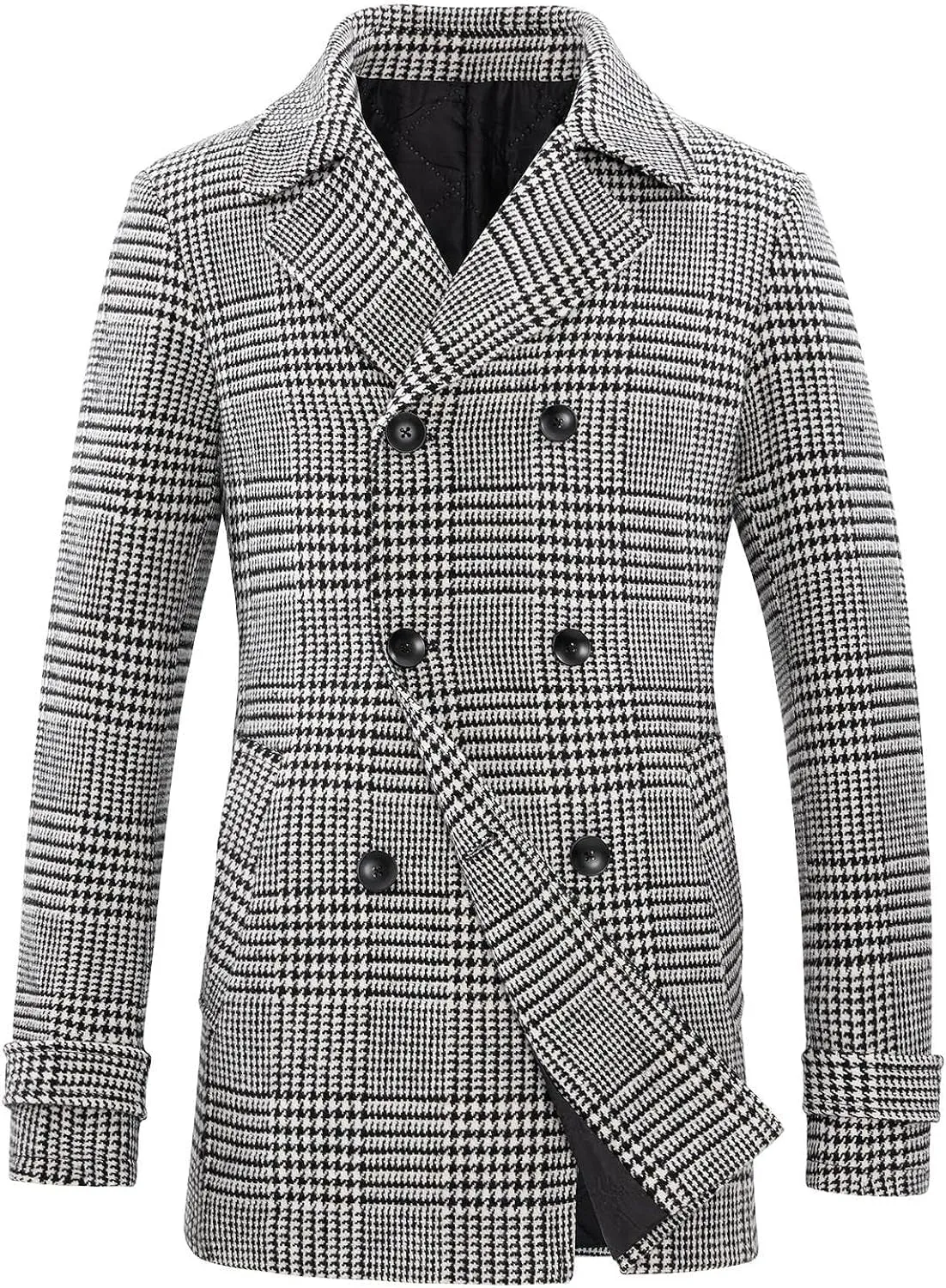 Black- White Men's Wool Blend Double Breasted Pea Coat