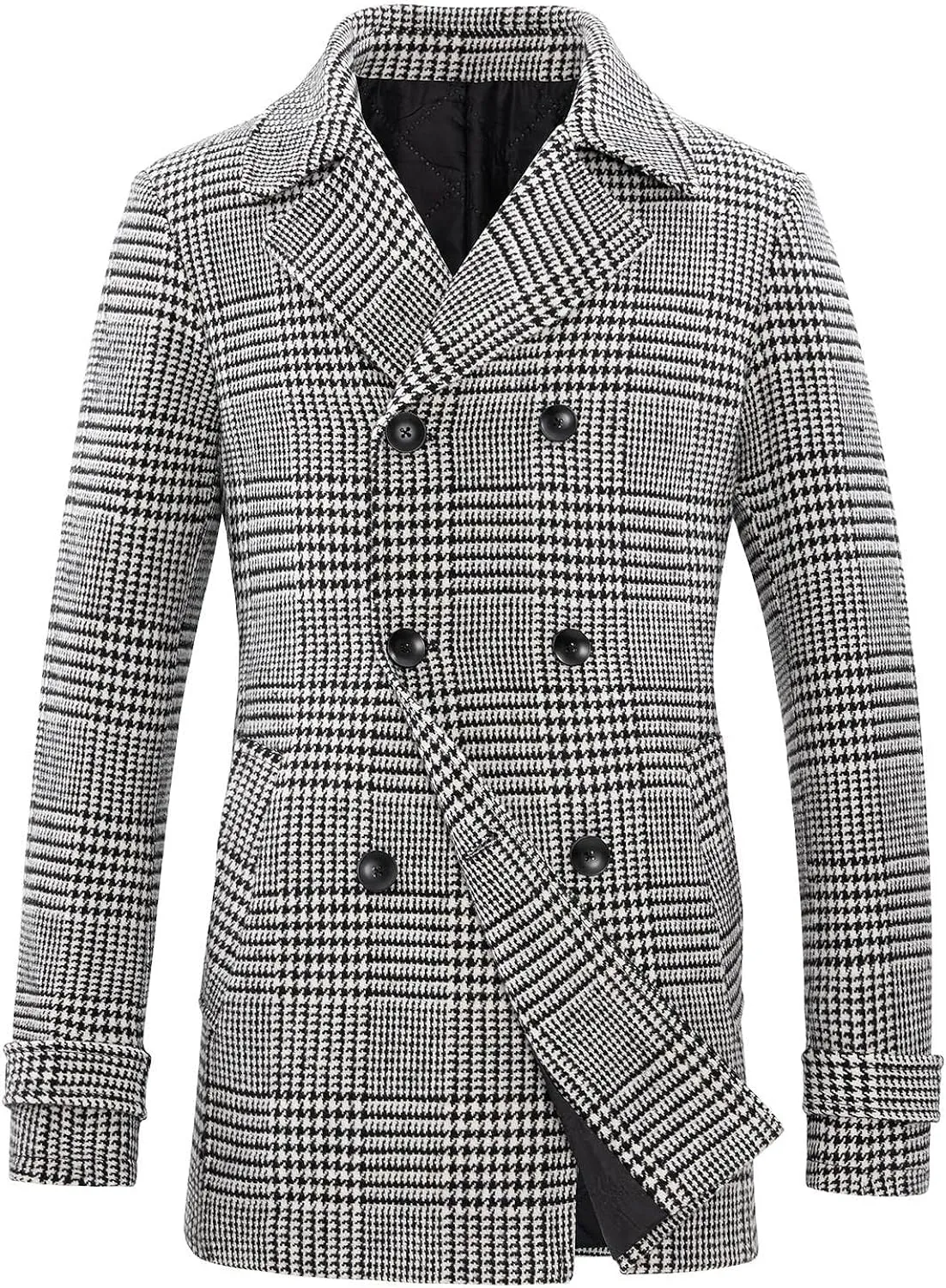 Black- White Men's Wool Blend Double Breasted Pea Coat