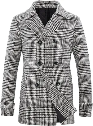 Black- White Men's Wool Blend Double Breasted Pea Coat