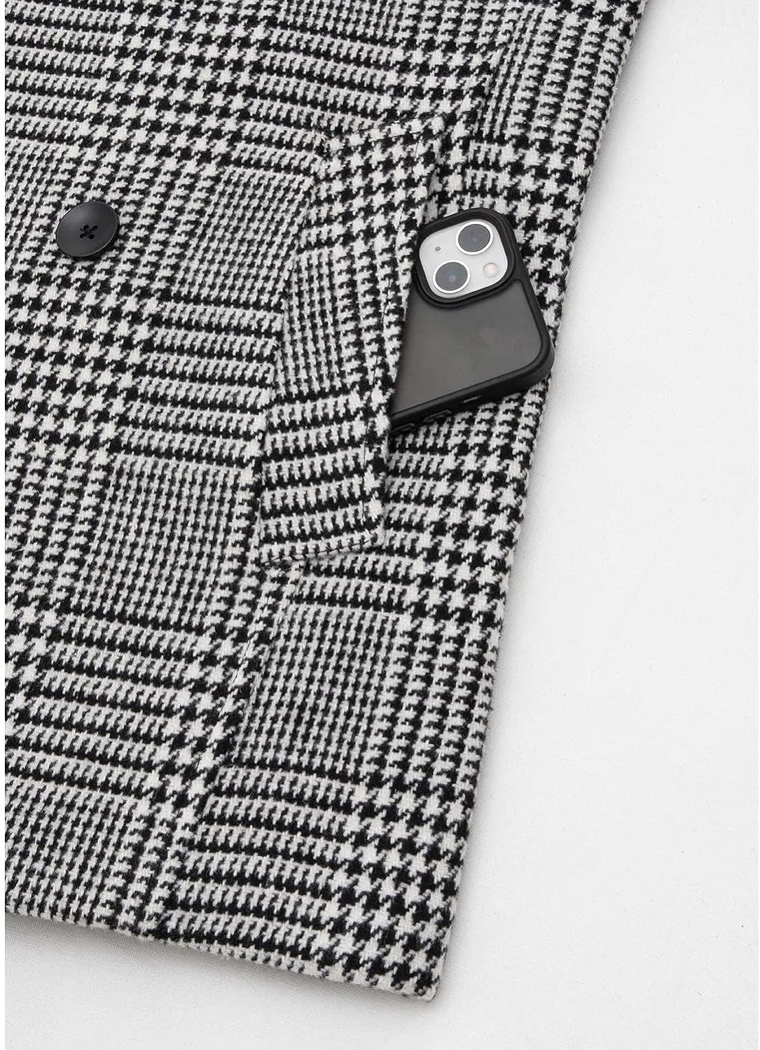 Black- White Men's Wool Blend Double Breasted Pea Coat