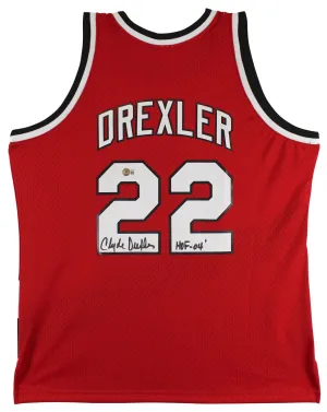 Blazers Clyde Drexler "HOF 04" Signed Red Mitchell & Ness Jersey BAS Witnessed