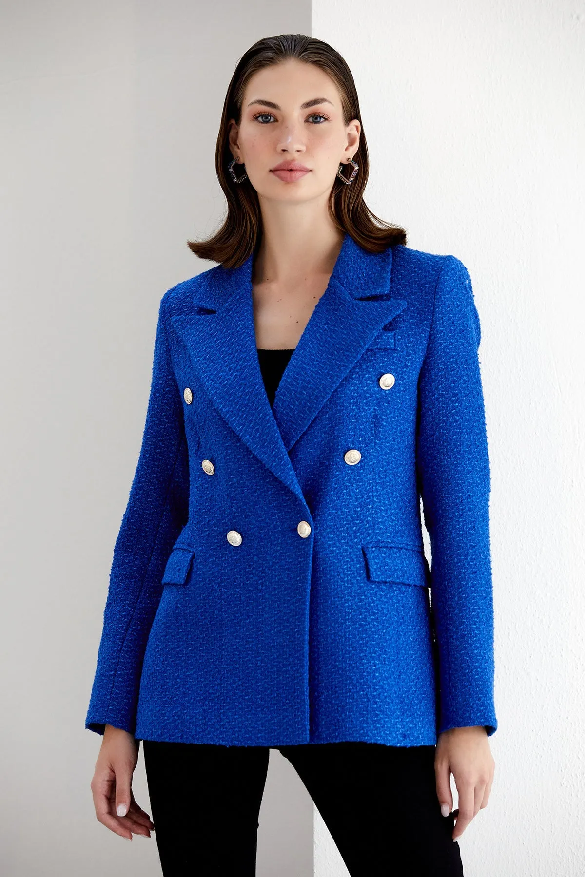Blue Tweed Double Breasted Blazer