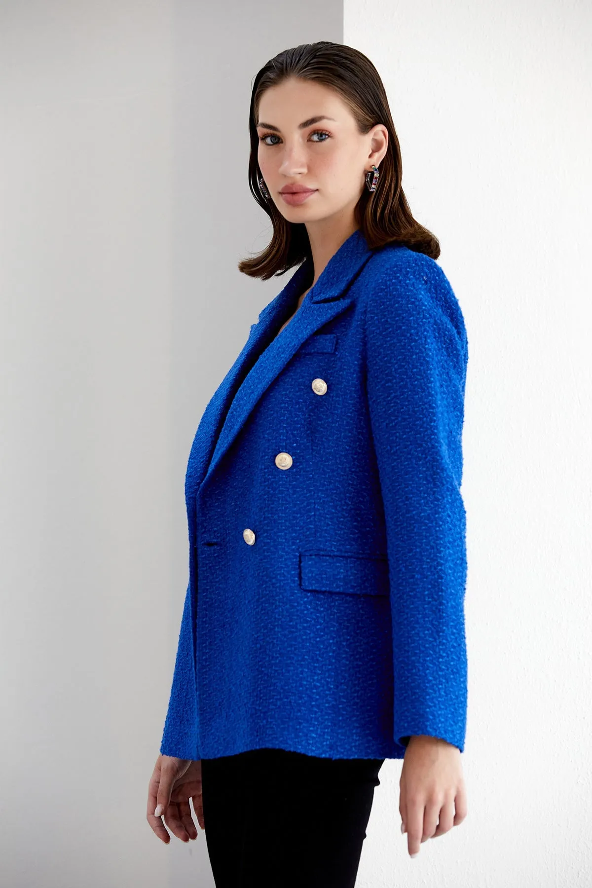 Blue Tweed Double Breasted Blazer