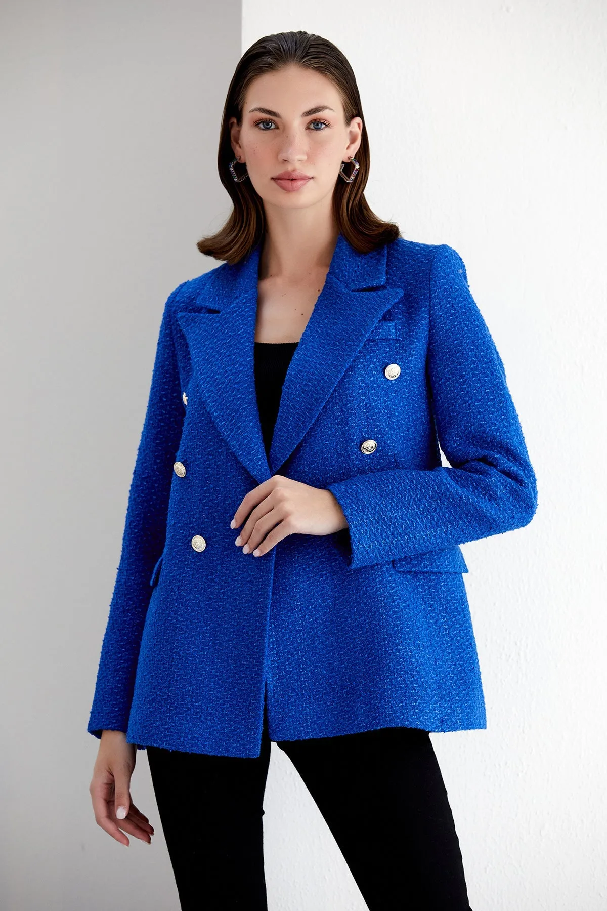 Blue Tweed Double Breasted Blazer